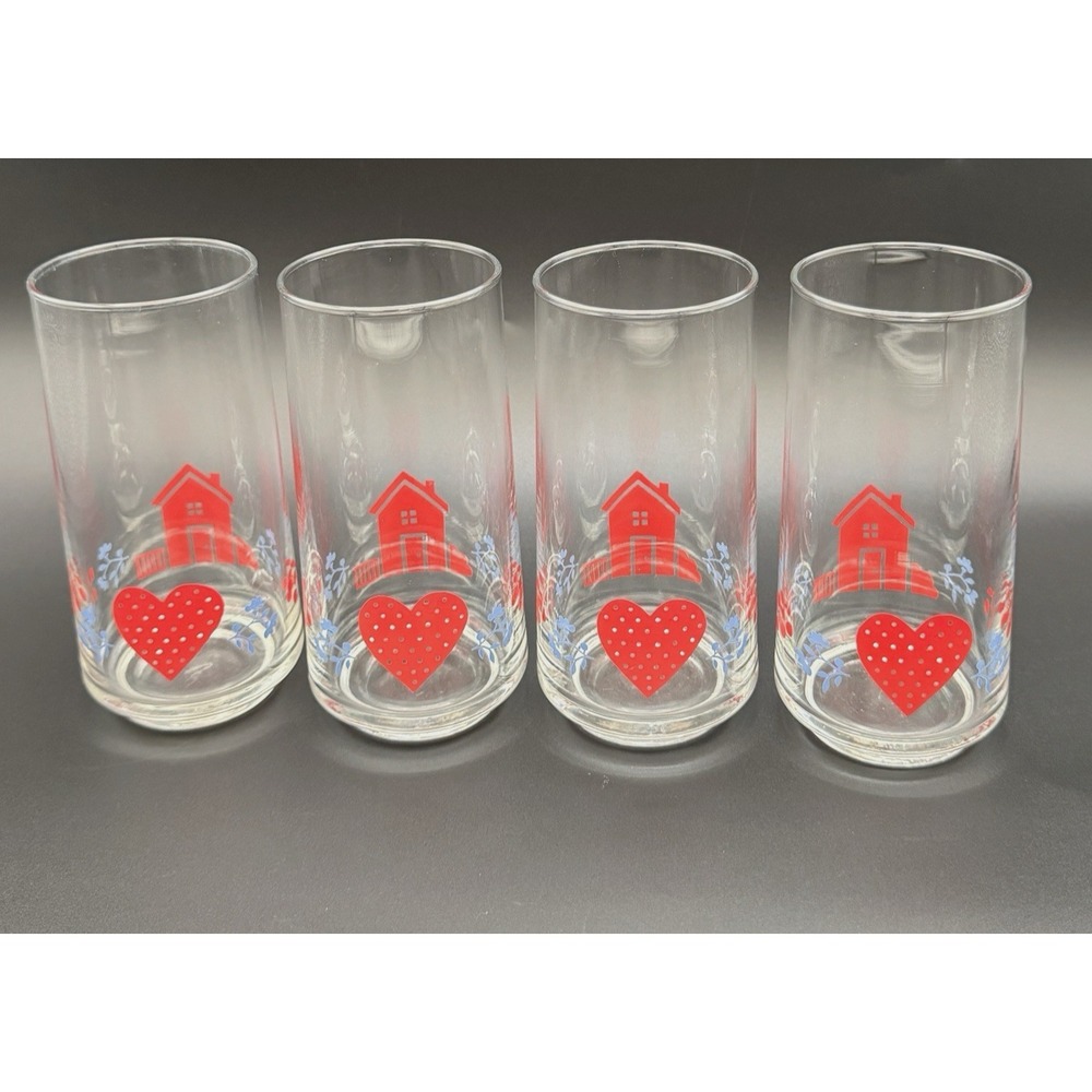 Vintage Corelle Coordinates Hometown Drinking Glasses Red Heart House Set of‎ 4